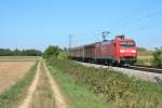 152 110-3 mit einem gemischten Gterzug in Richtung Schweizer Grenze am Nachmittag des 05.09.13 zwischen Buggingen und Mllheim (Baden).