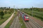 482 013-0 mit einem KLV-Zug gen Basel am Nachmittag des 28.09.13 im nrdlichen Teil des Bahnhofs Mllheim (Baden).