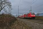 146 114-4 mit einem RE von Basel ber Freiburg (Breisgau) Hbf nach Offenburg am Nachmittag des 14.02.14 sdlich von Mllheim (Baden).