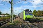 485 018-6 mit der stark verspäteten RoLa (DGS) 43606 von Freiburg (Breisgau) Gbf nach Novara am Nachmittag des 17.04.14 im Bahnhof Müllheim (Baden).