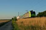 485 010-3 mit der schon gut zwei Stunden verspteten RoLa (DGS) 43633 von Freiburg (Breisgau) Gbf nach Novara am Abend des 16.07.14 nrdlich von Mllheim (Baden).