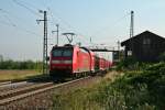 146 112-8 mit einer RB von Schliengen nach Freiburg (Breisgau) Hbf am Morgen des 01.08.14 bei der Einfahrt in Auggen.