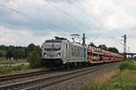 Am 20.07.2017 fuhr Rpool/BLSC 187 006-2 südlich von Buggingen durchs Rheintal, als sie den  FIAT -Autozug DGS 47002 nach Lahr (Schwarzw.) bespannte.