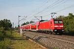 Nachschuss auf die Freiburger 146 203, als diese am Nachmittag des 24.05.2019 ihren RE (Basel Bad Bf - Offenburg) südlich vom Haltepunkt Buggingen über die KBS 703 in Richtung Freiburg