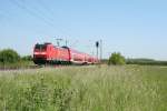 146 110-2 mit einem RE nach Basel Bad. Bf am Vormittag des 06.06.13 sdlich von Buggingen.