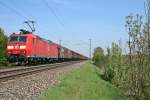 185 097-3 mit einem gemischten Güterzug in Richtung Weil am Rhein/Basel am Mittag des 12.04.14 kurz vor der Einfahrt in Müllheim (Baden).