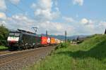 ES 64 F4-096 mit einem leider unbekannt begliebenen KLV-Zug auf dem Weg in Richtung Norden am Nachmittag des 01.08.14 nrdlich von Kolmarsreute.