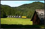 Ein Bauzug gezogen von einer Ex-EBW Cargo V100 bei Hippensbach im Schwarzwald.