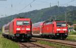 185 406-6 und 146 542-6 mit ihrem Messzug sowie 146 229-0 mit dem IRE 5319 (Karlsruhe Hbf-Kreuzlingen) in Hausach 26.5.12