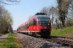 Als RB (Basel Bad Bf - Lauchringen) fuhr am Nachmittag des 08.04.2020 der Haltinger 644 039 zusammen mit dem 644 540 über die Hochrheinbahn aus Richtung Bad Säckingen kommend gen Murg.