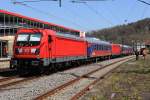 Messzug im Bahnhof Horb, 20.04.2015, 187 102 und 147 001 im Zug, gezogen von ...