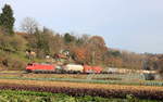 152 168 mit gemischtem Güterzug am 21.11.2020 zwischen Ebersbach und Reichenbach. 