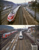 Einige hundert Meter s�dlich des Bahnhofs Plochingen f�hrt auf dem oberen Bild ein 601 im Februar 1985 mit einem Touristik-Sonderzug in Richtung S�den. Darunter begegnen sich am 29.03.2013 ein nach Norden fahrender IC und ein RE in Richtung T�bingen. Gro�e �nderungen sind auch auf dieser Aufnahme nicht zu erkennen, lediglich das rechte Gleis wurde abgebaut.