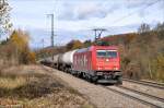 185 587 der HGK mit Kewaz in Ri.Ulm in Gingen/Fils am 4.11.2010