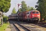 Der „Roßberger Kieszug“ mit 225 811-9 fährt am 31.05.2011 mit den leeren Wagen in den Bahnhof Roßberg ein. Nach dem Umsetzen der Lok werden die Wagen zur Befüllung mit Kies an die in der Nähe befindliche Verladestation geschoben.