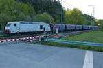 Aus dem Bahnhof von Roßberg schiebt 285 106-1 die Schüttgutwagen der Gattung Falns auf das Ladegleis (02.05.2019).