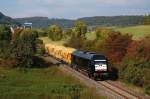 ER 20-013 bringt am Nachmittag des 27.09.08 4 gelbe Josera-Silowagen ber die Brenzbahn (KBS 757) nach Blaubeuren-Merkle, aufgenommen bei Oberkochen.