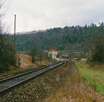 Bahnimpression: Uerdinger Schienenbuszug auf der DB-Bahnlinie Tübingen-Horb (24.11.1984)