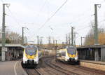 Hamster-/RE19-Treffen am 29.02.2020 im Bahnhof Waiblingen: 3442 707 Stuttgart-Hessental fährt auf Gleis 3 ein, während 3442 700 Hessental-Stuttgart den Bahnhof auf Gleis 1 verlässt.