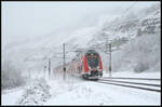 Schneegestöber im Maintal: Während des Wintereinbruchs am Montag, 26.01.2026, kam es bundesweit zu Behinderungen im Straßen- und Schienenverkehr. In einigen Regionen musste sogar der Verkehr eingestellt werden. Nicht so im Maintal! Die Züge rollten nahezu pünktlich durch das Schneegestöber. Ein Twindexx 445 als RE 54/55 Main-Spessart-Express von Frankfurt/M. nach Würzburg am Km 20,2 bei Himmelstadt.