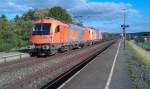 RTS 1216 + RTS 2016 + Class 66 und Flachwagenzug am 05.06.2012 in Gundelsdorf auf der Frankenwaldbahn.