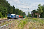 761 001 mit einem Metrans Containerzug als Elbtalumleiter bei Röslau Richtung Hof, 28.07.2019