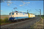 MZ Eisenbahndienstleistungen E10 1239 (110 239) bef�rderte am 04.09.2026 einen Oberleitungsrevisionswagen (Hersteller: HARSCO, 99 80 9136 017-7 D-DB Netzinstandhaltung) von M�nchen-Milbertshofen nach Aschaffenburg und als bei Gollhofen der Kameraausl ...
