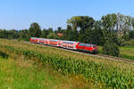 Statt der planmäßig vorgesehenen Lok der Baureihe 245 schob am 09. August 2025 die bestens gepflegte 218 430 die RB 27038 gen München. Bei Wasentegernbach konnte ich den Doppelstockzug aufnehmen, der aus älterem Wagenmaterial bestand. Kürzlich hat die Südostbayernbahn etliche Waggons dieser Bauart ins Stillstandmanagement nach Mukran überführt.
