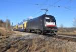 Die von der BOB angemietete ES 64 U2-009 bewältigt mit einer Metronom Doppelstock-Einheit den Meridian Ersatzverkehr auf der Strcke München-Salzburg.Aufgenommen im Bahnhof Aßling Obb.am