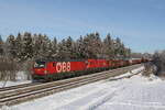 1293 045 und 1016 024 mit einem gemischten Güterzug aus Salzburg kommend am 13. Dezember 2022 bei Grabenstätt im Chiemgau.