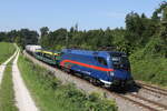 1116 195 mit einem gemischten Güterzug aus München kommend am 17. August 2023 bei Sossau im Chiemgau.