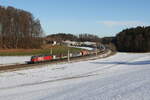1293 185 mit einem gemischten Güterzug aus Salzburg kommend am 16. Januar 2026 bei Axdorf im Chiemgau.