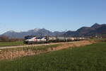 6383 201 mit einem Kesselwagenzug aus Salzburg kommend am 8. April 2026 bei Bernau am Chiemsee.