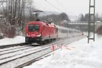 1016 008 (als Ersatz einer BR 101) mit EC 218 von Graz nach Saarbrcken bei der Durchfahrt Bf. Bergen am 24.02.2013