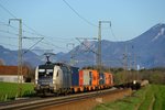 Bei Abfalter kurz hinter Freilassing kam dann noch dieser umgeleitete Containerzug der WLC auf die Speicherkarte. Es führt 182 519, im Hintergrund die Salzburger Hausberge (30. März 2014).