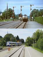 Ein weiteres Vergleichsbild aus Schliersee, oben mit der aus München ankommenden 218 354-9 im Sommer 1994, darunter verlässt ein VT-Doppel der Bayerischen Regiobahn mit dem VT 469 am Schluss den Bahnhof am 01.09.2023