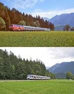 Vom Biergarten der Krugalm aus entstanden diese beiden Vergleichsfotos, oben eine unbekannte aus Bayrischzell kommende 218 Mitte der 1990er Jahre mit einer Regionalbahn nach München, darunter ein