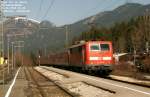 Mittenwaldbahn: Type 111 verlt Klais, indem sie ihren Regionalzug weiter auf Garmisch zuschiebt, mit der Absicht, sich in weiterer Folge von dortselbst aus, von der Mittenwaldbahn abzweigend, nach