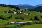 Tagesabschluss für den 01. Juli 2018 bildete der ALX 84142 nach Lindau. Diesen konnte ich vor der kleinen Ortschaft Zell mit dem Rindalphorn und dem Gelchenwanger Kopf im Hintergrund fotografieren. Es führte die 223 072, die zum Aufnahmezeitpunkt eine Seitenwerbung trug, welche auf das „Gautrachtenfest D’Wageggler“ hinweisen sollte. Mit einem Trachtenpaar und der Aufschrift  Griaß di, Allgäu!  möchte man die Verbundenheit zur Region unterstreichen. 