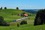 Die von Beacon Rail angemietete ER 20 - 015 schlängelt sich mit ihrem ALX 84106 auf der Fahrt zum Bodensee bei Heimhofen durch die malerische Landschaft des Oberallgäus. Die Aufnahme entstand am 25. Juni 2020 - als Motivvariation von etwas weiter oben als dem üblichen Standpunkt an der im Vordergrund sichtbaren Straße.