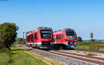 633 047 und 633 033 als RE 3696 (Oberstdorf - Ulm Hbf) treffen auf 623 039 als RB 57471 (Ulm Hbf - Weißenhorn) im Bahnhof Gerlenhofen 18.8.25  