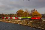 1116 282-5 mit ihrem Dostozug auf dem Bahndamm Lindau.