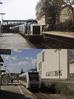 Wesentliche Änderungen musste der Remscheider Hauptbahnhof über sich ergehen lassen: Auf dem oberen Bild, das um 1990 entstand, ist 212 319-8 mit einem Nahverkehrszug nach Wuppertal