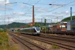 ET 23008 (3-teiliger Stadler Flirt) der Abellio Rail NRW ist am 10.07.2013 vom Bahnhof Siegen-Geisweid, in Richtung Siegen Hbf, losgefahren.