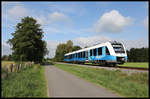 Ca. zwei Kilometer östlich von Nordhorn ist hier der VT 114 der Bentheimer Eisenbahn am 3.9.2019 um 10.42 Uhr unterwegs von Neuenhaus nach Bad Bentheim.