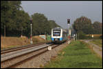 VT 111 der Bentheimer Eisenbahn passiert hier am 23.9.2020 um 9.41 Uhr den BÜ Grüner Weg bei Hestrup.