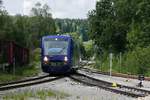 Ein grüßender TF und ein Oberschwabe in Hohenzollern - Als HzL 86331 von Hechingen nach Sigmaringen fährt VT 71 der Bodensee-Oberschwaben-Bahn aus dem Bahnhof Hanfertal, dem letzen Halt vor dem Ziel (02.09.2020). Aufnahmestandort das öffentliche Gelände der ehemaligen Güterabfertigung Hanfertal.