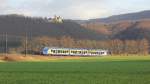 Ein Cantus-Flirt (R7 nach Bebra) unter der Kulisse von Schloss Rothenstein bei Bad Sooden-Allendorf. Aufgenommen am 10.01.2012.