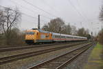 101 030 mit neuer Werbung für die BahnBKK zog am 24.2.2020 ihren Intercity durch das Münsterland in Richtung Nordseeküste
