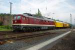 232 223-8 der DGT am 17.08.2009 in Eschwege West. Sie hat den Baukran abgeholt, der am Wochenende noch die letzten Weichen fr die Nordschleife zum neuen Stadtbahnhof gelegt hat.